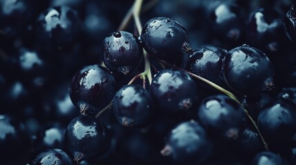 Aufkleber - Elderberries Close Up Fresh Ripe Berries with Water Droplets on Dark Background