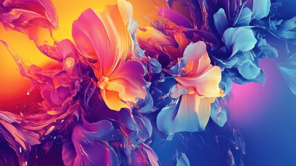 Poster - Vibrant abstract digital art showcasing colorful floral elements and intricate textures with a dynamic blend of hues and forms.