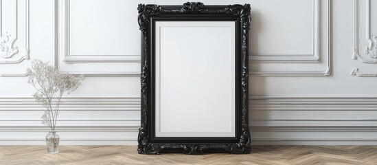 Poster - Vintage black Victorian picture frame on parquet floor against a textured wall ready for custom artwork display or mock-up presentation