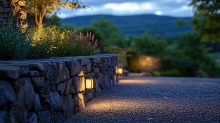Poster - Twilight Illumination on a Rustic Stone Wall Surrounded by Lush Greenery and Soft Lighting