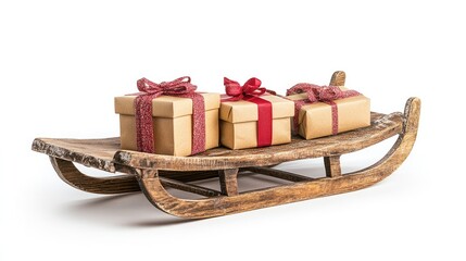 Aufkleber - Vintage wooden sled carrying beautifully wrapped present boxes with ribbons on a clean white background ideal for holiday or gift-related designs