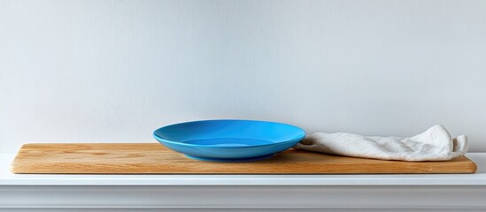 Poster - wooden board with blue plate and white napkin against light wall perfect for food presentation and d