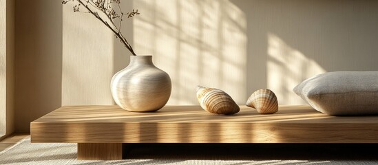 Poster - modern wooden coffee table showcasing a minimalist vase and decorative shells in a sunlit interior s