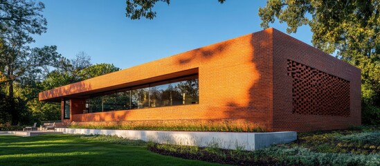 Poster - Modern architectural marvel showcasing a stunning red brick facade surrounded by lush greenery and elegant landscaping design.