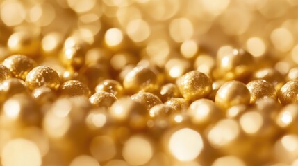 Poster - Elegant Close Up of Shimmering Golden Balls Reflecting Light for Minimalist New Year Celebration and Festive Design Background