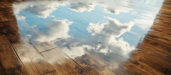Poster - wooden floor reflecting bright blue sky and fluffy clouds ideal for interior design and home decor i