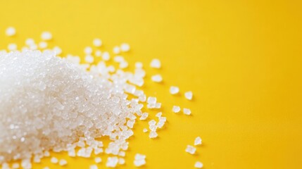 Poster - White sugar granules scattered on a vibrant yellow background showcasing texture and contrast in a modern culinary setting.