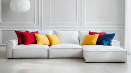 Aufkleber - Minimalist living room with white sofa and colorful pillows creating a bright and inviting interior design atmosphere