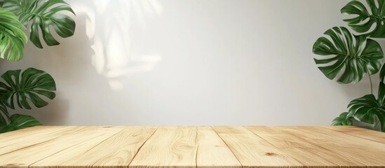 Poster - wooden tabletop adorned with lush monstera leaves against a minimalistic white background ideal for 