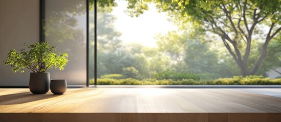 Poster - serene interior with wooden tabletop and blurred tree view ideal for design inspiration and peaceful