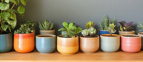 Poster - Colorful ceramic planters arranged on a wooden shelf showcasing a variety of indoor plants and succulents for home decor inspiration