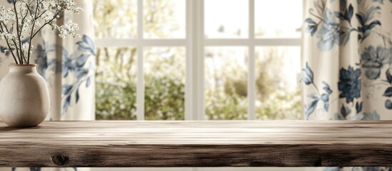 Poster - cozy wooden table with empty display space and softly blurred window for product presentation in inv