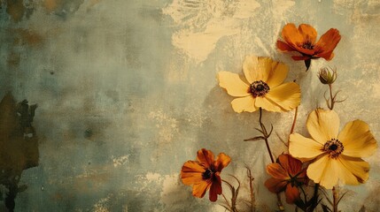 Aufkleber - vintage floral background with delicate flowers on textured blue backdrop for artistic and design concepts