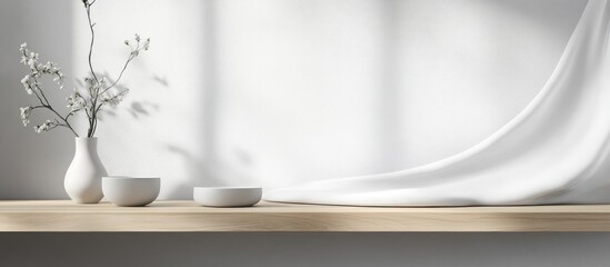 Poster - wooden tabletop ideal for product displays featuring a minimalist white backdrop enhancing clean mon