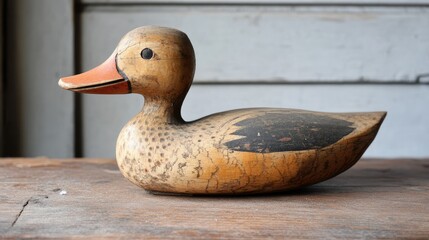 Aufkleber - Classic handcrafted wooden duck decoy with a rustic finish displayed on a wooden surface in natural light