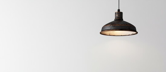 Poster - Rustic vintage metal lamp elegantly suspended on a clean white background perfect for minimalist product display and interior design concepts