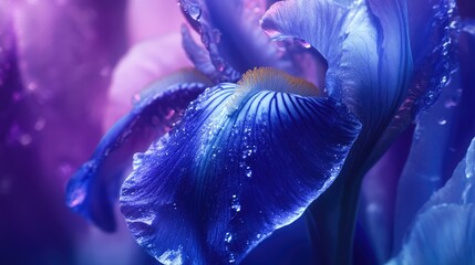 Poster - Vibrant macro shot of blue and violet iris flower petals adorned with water droplets in a dreamy soft-focus background