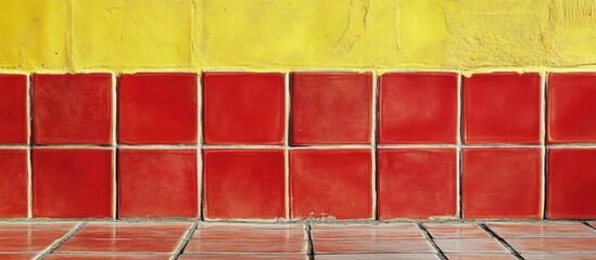 Aufkleber - Bold red tiles against a vibrant yellow wall creating a striking color contrast ideal for interior design or artistic presentations.