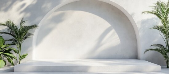 Aufkleber - Modern minimalist white podium with curved wall and natural plants perfect for elegant product showcasing and display in bright settings