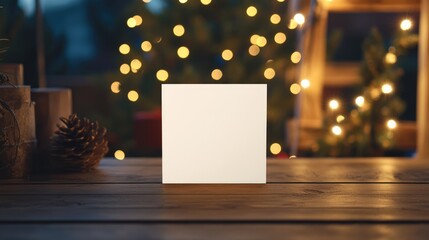 Poster - Minimalist Christmas Greeting Card Mockup on Wooden Table with Festive Lights and Cozy Holiday Atmosphere in Flat Lay Style