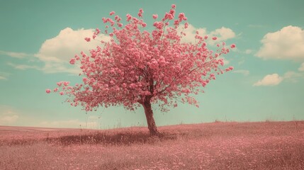 Aufkleber - vintage pink rose tree in pastel landscape under soft clouds with film color tone filter effect artistic photography