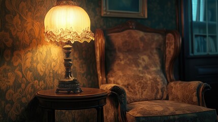 Poster - Elegant vintage lamp illuminating cozy living room with antique furnishings and ornate decor