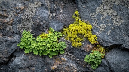 Poster - Close up of vibrant moss and lichen thriving on rock surface in dry environment showcasing nature's resilience and beauty