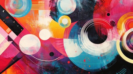Poster - Vivid abstract composition featuring geometric patterns and colorful circular shapes for creative design projects