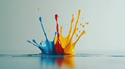 Aufkleber - Vibrant abstract paint splashes in blue red and yellow creating dynamic shapes against a clean white background with soft shadows