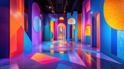 Poster - Colorful Abstract Interior with Geometric Shapes and Textures Enhanced by Elegant Lighting Creating a Dynamic Visual Experience
