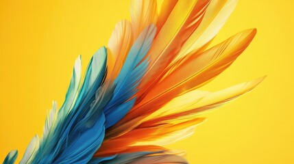 Fototapete - Vibrant abstract feather composition in blue orange and golden hues against a bright yellow background