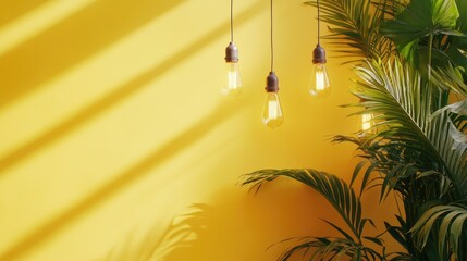 Poster - bright yellow wall with decorative light bulbs and lush greenery creating a warm and inviting atmosp