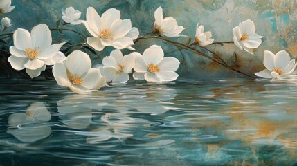 Wall Mural - White Blossoms Floating on a Calm Pond