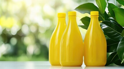Poster - Yellow Bottles with Green Leaves in Soft Focus on White Table Creating a Fresh and Vibrant Atmosphere for Summer Inspired Designs