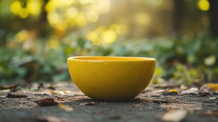 Poster - vibrant yellow bowl surrounded by nature with soft sunlight creating a warm and inviting atmosphere
