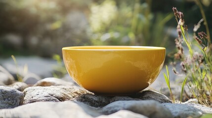 Poster - Yellow Ceramic Bowl Surrounded by Natural Stones and Greenery in Soft Morning Light