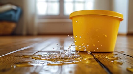 Poster - yellow bucket spilling water on wooden floor creating puddles and droplets illustrating household ac
