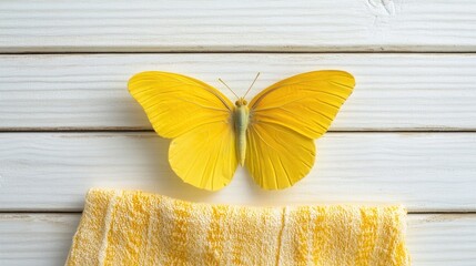 Poster - yellow butterfly resting on a white wooden floor beside a soft textured towel creating a calm and fr