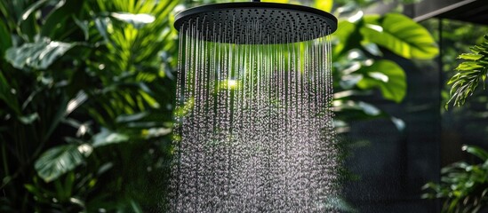 Poster - Refreshing close up of water droplets cascading from a shower head surrounded by lush greenery creating a tranquil atmosphere