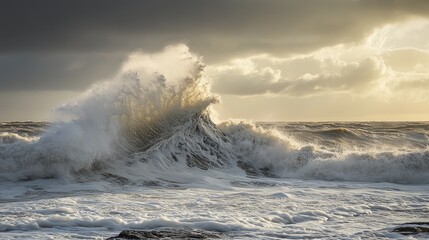 Poster - Dramatic ocean waves crashing with white foam under a moody sky creating a turbulent and dynamic coastal scene