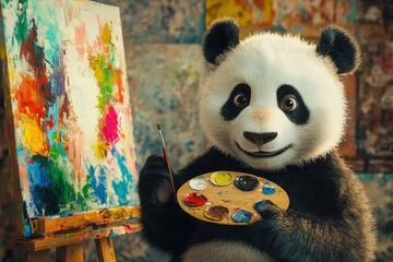 Poster - Creative panda with a paintbrush and palette painting on a colorful canvas in a vibrant studio filled with art. Generative AI