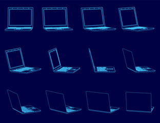 Poster - Series of blue laptop images are shown in a row. The laptops are all open and have a similar design. The images are in black and white and are stylized to look like they are in a computer program
