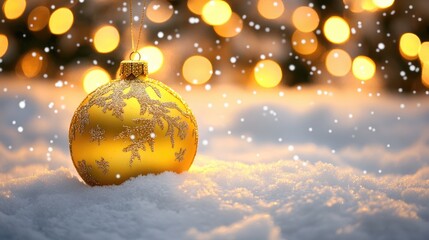Poster - yellow christmas ornament ball nestled in snow with glowing golden bokeh and soft snowfall accentuat