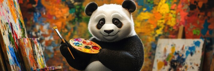 Poster - Panda paints with brush and palette in a colorful art studio filled with vibrant canvases. Generative AI