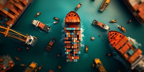 Poster - Sweeping aerial perspective of a bustling offshore logistics center showcasing the intricate choreography of cargo ships container vessels and towering cranes transferring freight