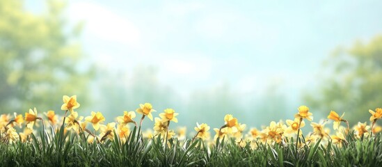 Poster - vibrant yellow daffodils blooming in a serene field with ample space for text overlay and soft backg