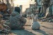 © Preeti Frames - Unrecognizable refugee with plush bunny on war damaged city street. Generative AI