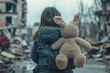 © Preeti Frames - Unrecognizable refugee with plush bunny on war damaged city street. Generative AI