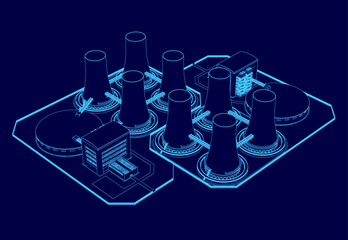 Poster - Blue drawing of a city with a large number of power plants. The drawing is in blue and is very detailed