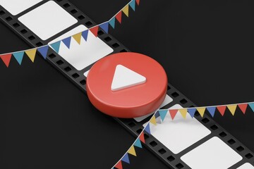 Poster - A red play button rests on a film reel adorned with festive bunting, symbolizing movie playback.